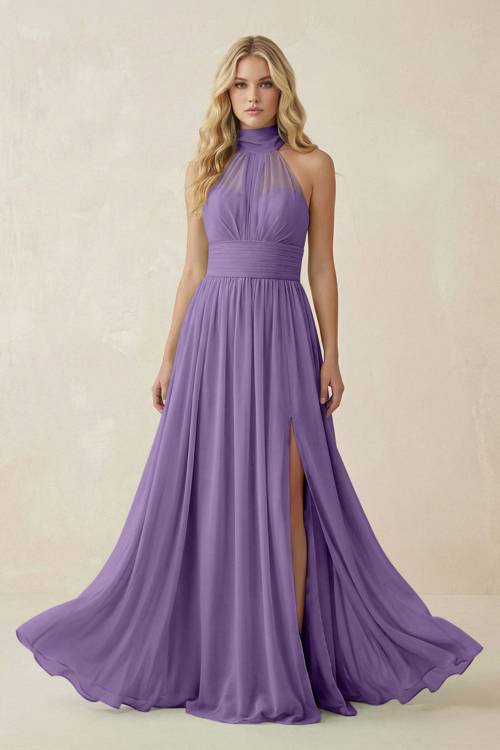 Illusion Halter A - Line Chiffon Bridesmaid Gown in Tahiti - SHE IS ME Bridesmaid Dresses
