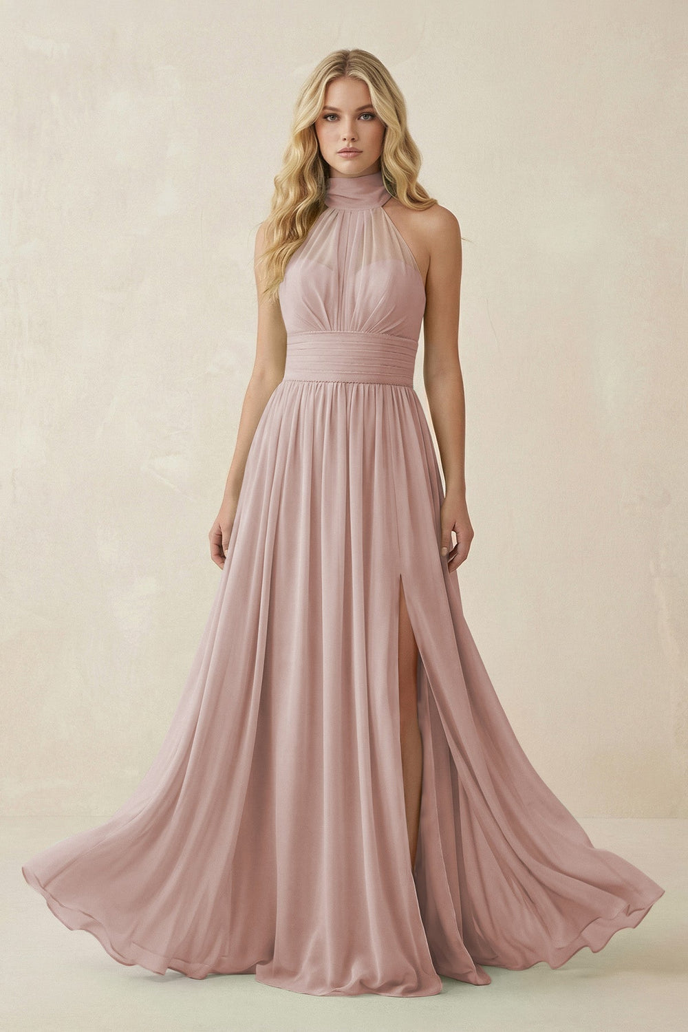 Illusion Halter A - Line Chiffon Bridesmaid Gown in Toffee - SHE IS ME Bridesmaid Dresses