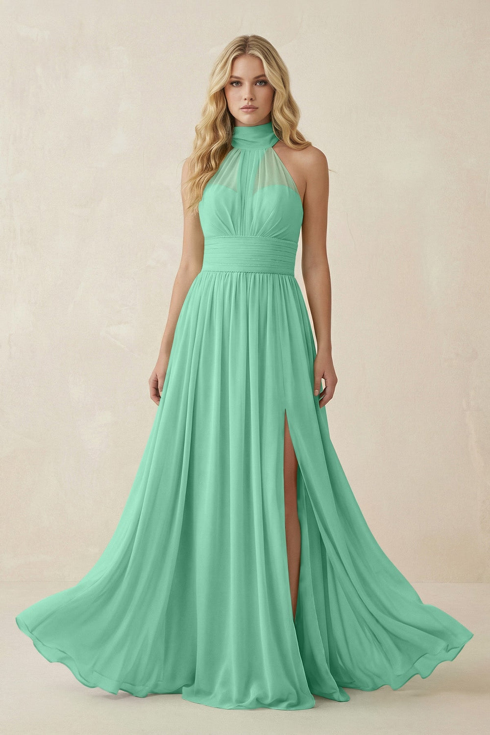 Illusion Halter A - Line Chiffon Bridesmaid Gown in Turquoise - SHE IS ME Bridesmaid Dresses