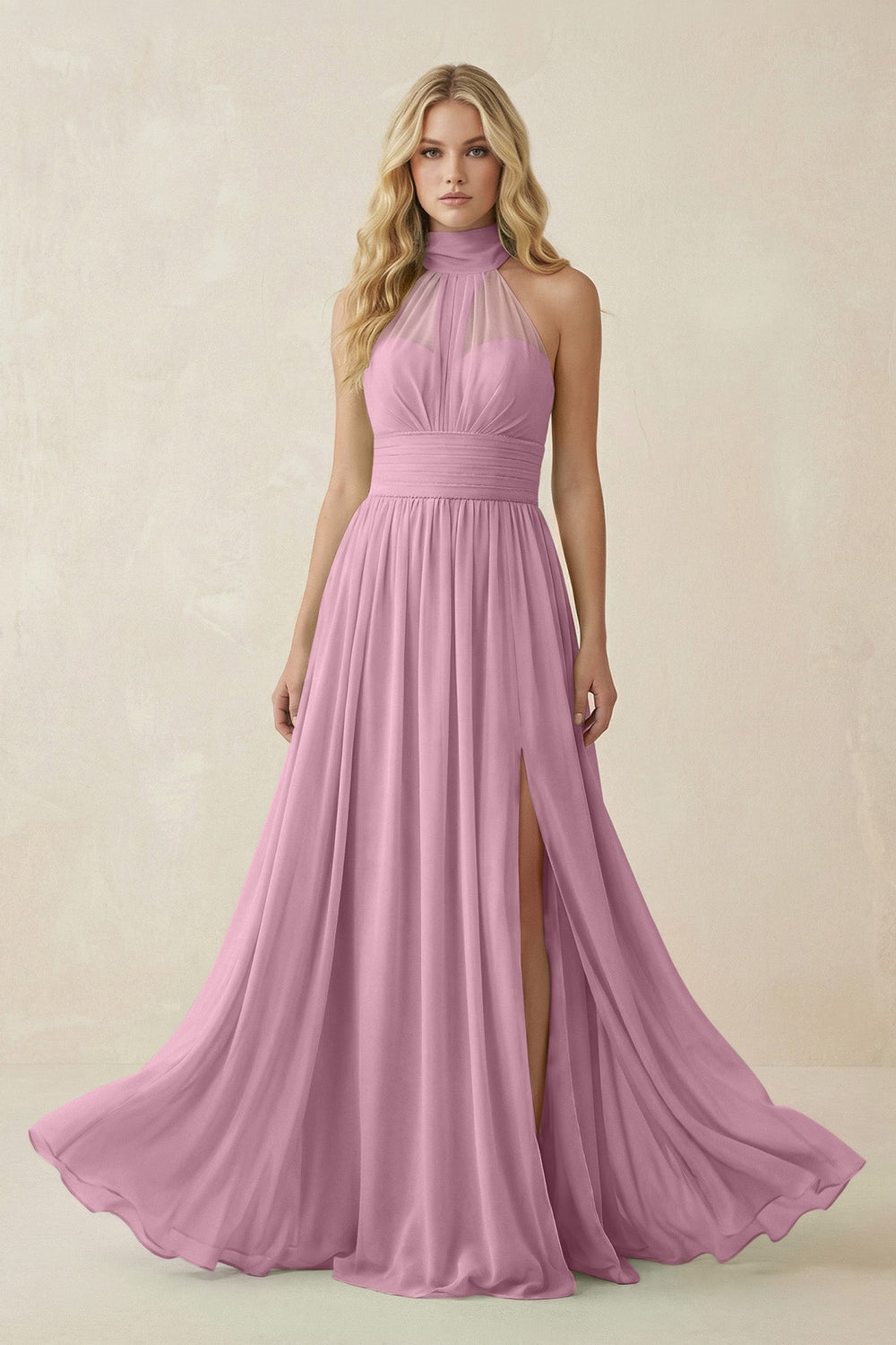 Illusion Halter A - Line Chiffon Bridesmaid Gown in Vintage Mauve - SHE IS ME Bridesmaid Dresses