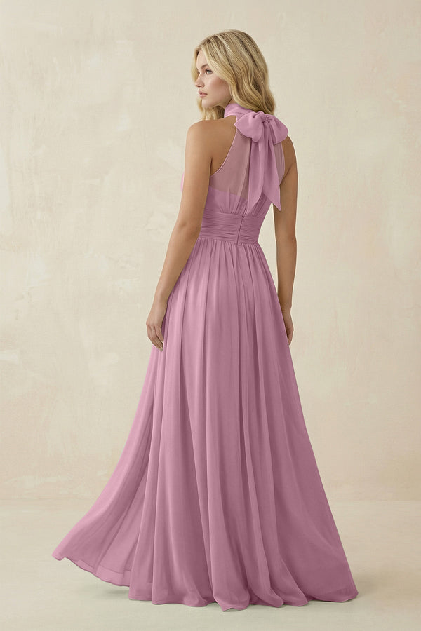 Illusion Halter A - Line Chiffon Bridesmaid Gown in Vintage Mauve - SHE IS ME Bridesmaid Dresses