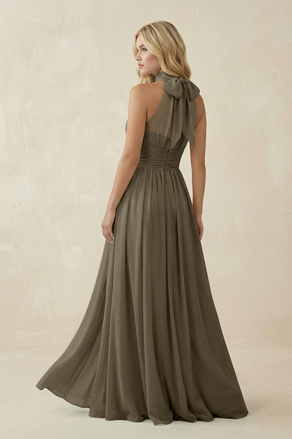 Illusion Halter A - Line Chiffon Bridesmaid Gown in Willow Green - SHE IS ME Bridesmaid Dresses