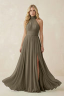 Illusion Halter A - Line Chiffon Bridesmaid Gown in Willow Green - SHE IS ME Bridesmaid Dresses