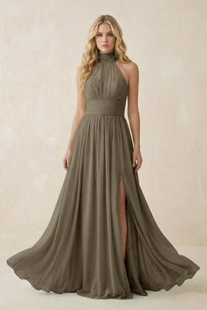 Illusion Halter A - Line Chiffon Bridesmaid Gown in Willow Green - SHE IS ME Bridesmaid Dresses