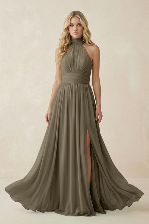 Illusion Halter A - Line Chiffon Bridesmaid Gown in Willow Green - SHE IS ME Bridesmaid Dresses