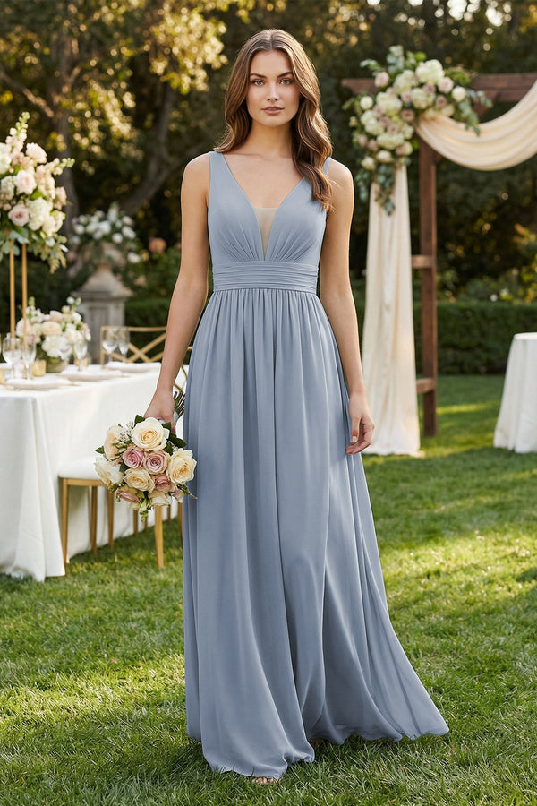 Illusion V - Neck A - Line Ruched Bridesmaid Dress in Twilight - SHE IS ME Bridesmaid Dresses