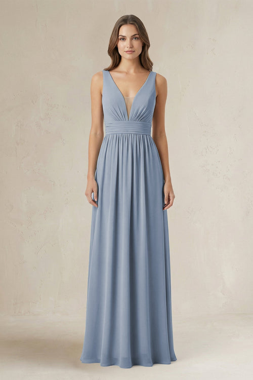 Illusion V - Neck A - Line Ruched Bridesmaid Dress in Twilight - SHE IS ME Bridesmaid Dresses