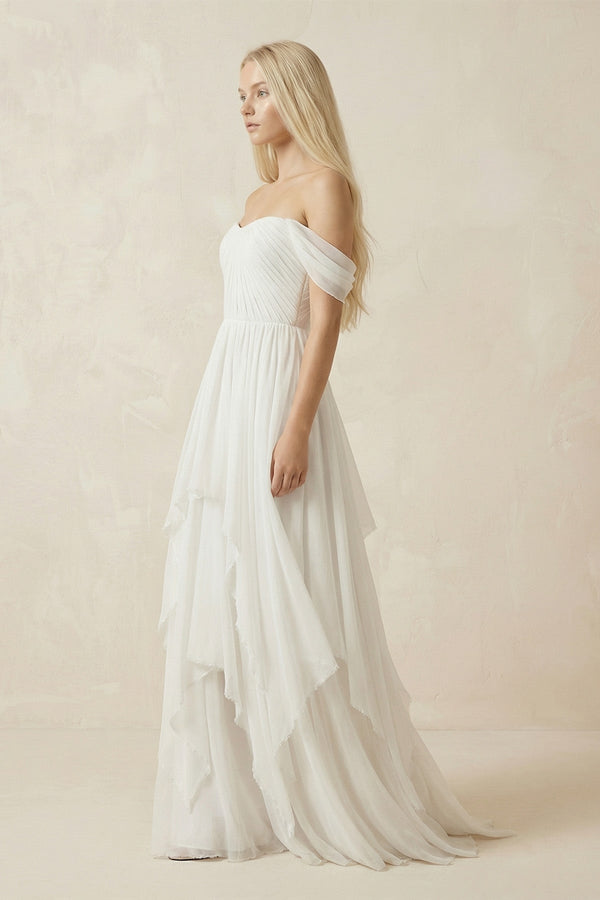 Ivory Off - the - Shoulder Tiered Chiffon A - Line Wedding Dress - SHE IS ME Wedding Dresses