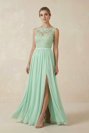 Lace A - Line Bateau Neck Chiffon Long Bridesmaid Dress - SHE IS ME Bridesmaid Dresses