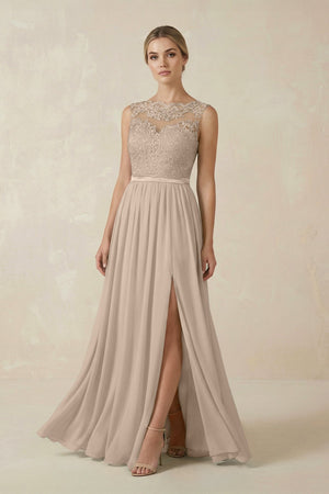 Lace A - Line Bateau Neck Chiffon Long Bridesmaid Dress in Almond - SHE IS ME Bridesmaid Dresses