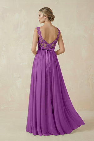 Lace A - Line Bateau Neck Chiffon Long Bridesmaid Dress in Amethyst - SHE IS ME Bridesmaid Dresses