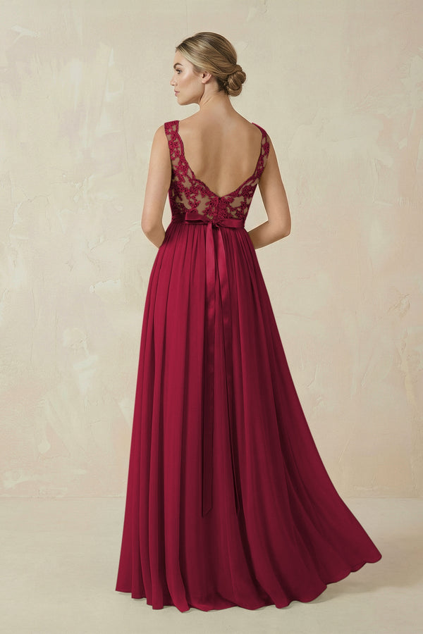 Lace A - Line Bateau Neck Chiffon Long Bridesmaid Dress in Berry - SHE IS ME Bridesmaid Dresses