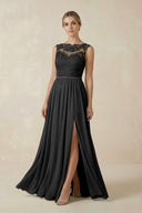 Lace A - Line Bateau Neck Chiffon Long Bridesmaid Dress in Black - SHE IS ME Bridesmaid Dresses