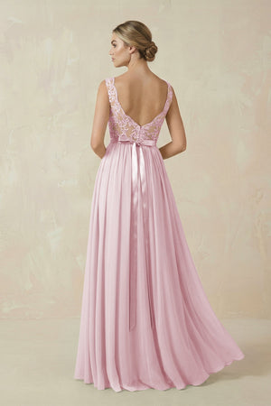 Lace A - Line Bateau Neck Chiffon Long Bridesmaid Dress in Candy Pink - SHE IS ME Bridesmaid Dresses