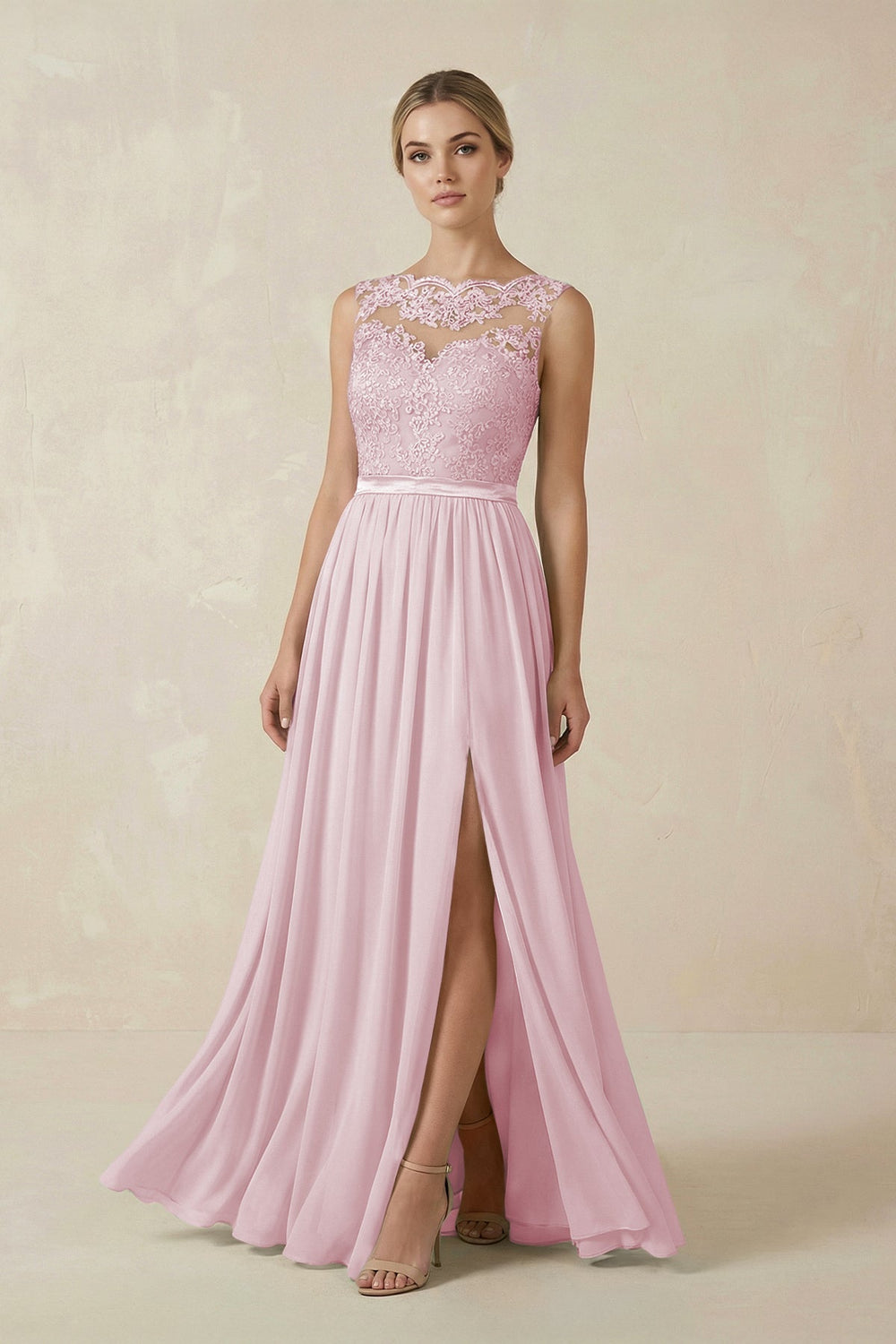 Lace A - Line Bateau Neck Chiffon Long Bridesmaid Dress in Candy Pink - SHE IS ME Bridesmaid Dresses