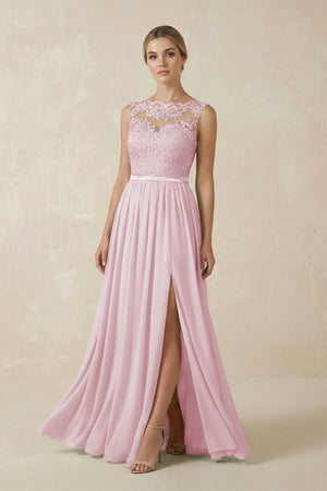Lace A - Line Bateau Neck Chiffon Long Bridesmaid Dress in Candy Pink - SHE IS ME Bridesmaid Dresses