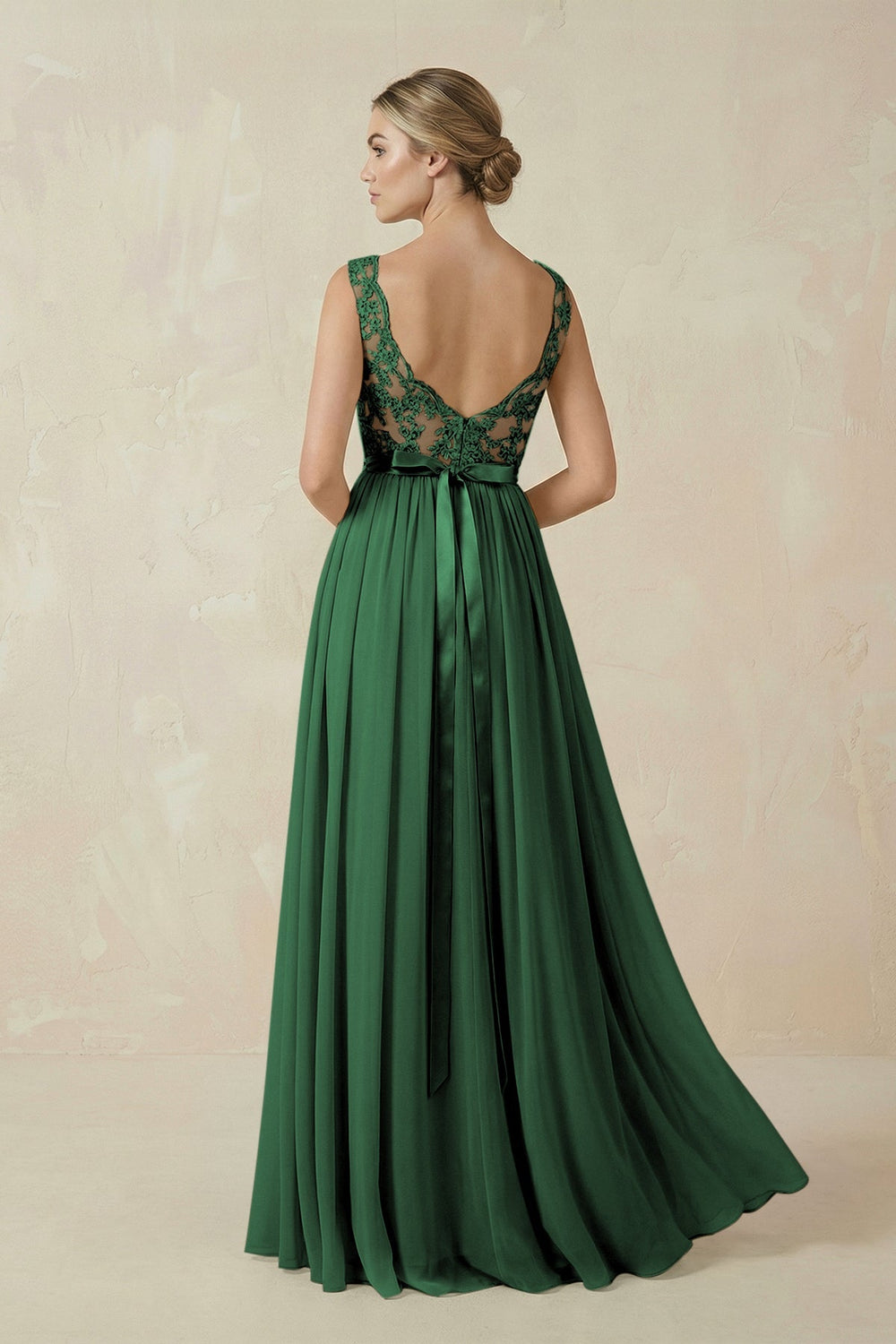 Lace A - Line Bateau Neck Chiffon Long Bridesmaid Dress in Dark Green - SHE IS ME Bridesmaid Dresses