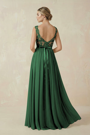 Lace A - Line Bateau Neck Chiffon Long Bridesmaid Dress in Dark Green - SHE IS ME Bridesmaid Dresses
