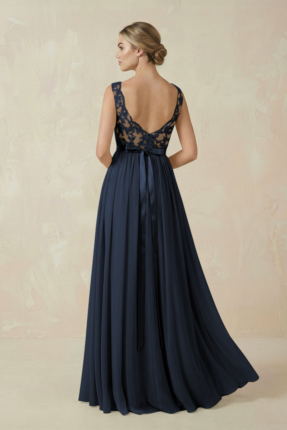Lace A - Line Bateau Neck Chiffon Long Bridesmaid Dress in Dark Navy - SHE IS ME Bridesmaid Dresses