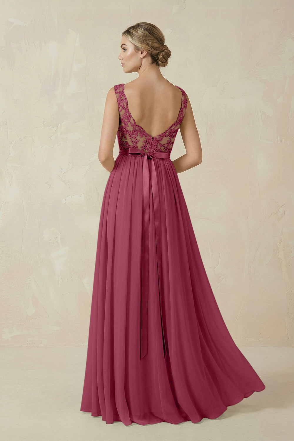 Lace A - Line Bateau Neck Chiffon Long Bridesmaid Dress in Desert Rose - SHE IS ME Bridesmaid Dresses