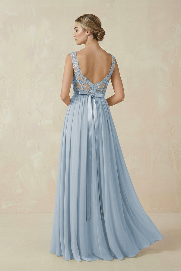 Lace A - Line Bateau Neck Chiffon Long Bridesmaid Dress in Dusty Blue - SHE IS ME Bridesmaid Dresses