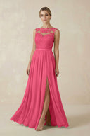 Lace A - Line Bateau Neck Chiffon Long Bridesmaid Dress in Fuchsia - SHE IS ME Bridesmaid Dresses