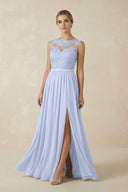 Lace A - Line Bateau Neck Chiffon Long Bridesmaid Dress in Ice - SHE IS ME Bridesmaid Dresses