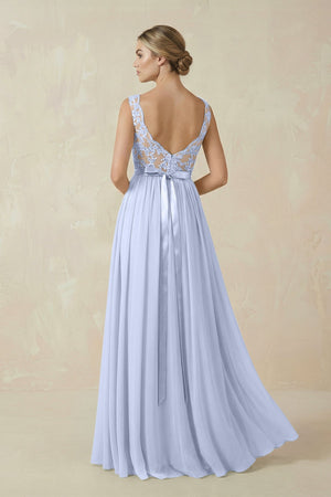Lace A - Line Bateau Neck Chiffon Long Bridesmaid Dress in Ice - SHE IS ME Bridesmaid Dresses
