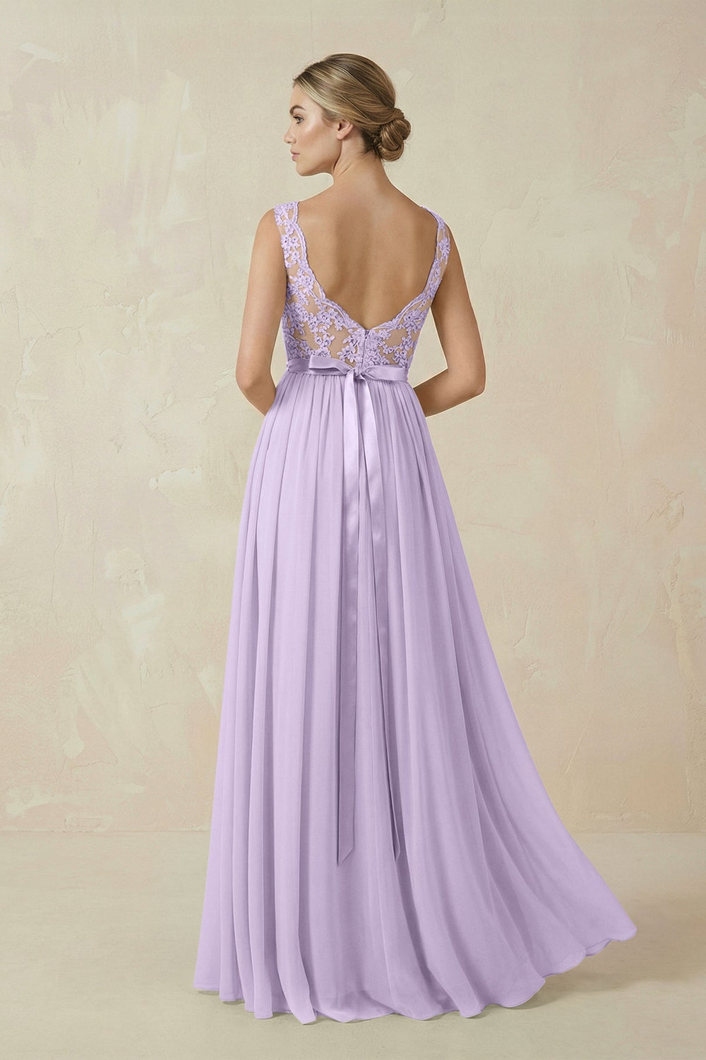 Lace A - Line Bateau Neck Chiffon Long Bridesmaid Dress in Lavender - SHE IS ME Bridesmaid Dresses