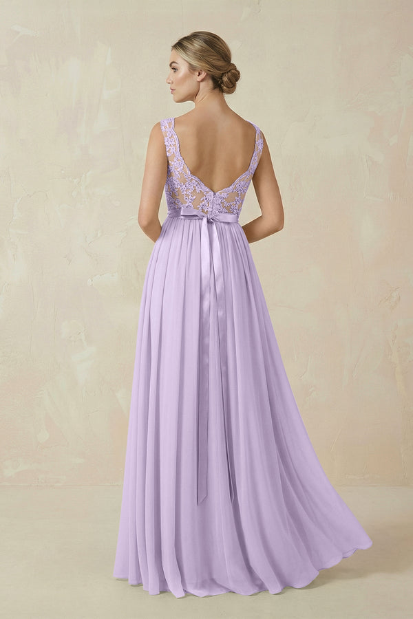 Lace A - Line Bateau Neck Chiffon Long Bridesmaid Dress in Lavender - SHE IS ME Bridesmaid Dresses