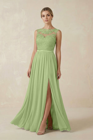 Lace A - Line Bateau Neck Chiffon Long Bridesmaid Dress in Matcha - SHE IS ME Bridesmaid Dresses