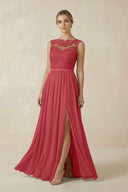 Lace A - Line Bateau Neck Chiffon Long Bridesmaid Dress in Merlot - SHE IS ME Bridesmaid Dresses