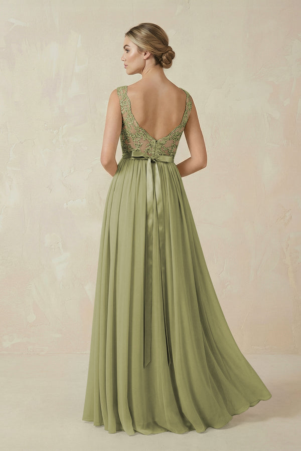 Lace A - Line Bateau Neck Chiffon Long Bridesmaid Dress in Moss Green - SHE IS ME Bridesmaid Dresses