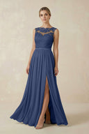 Lace A - Line Bateau Neck Chiffon Long Bridesmaid Dress in Navy - SHE IS ME Bridesmaid Dresses