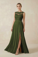 Lace A - Line Bateau Neck Chiffon Long Bridesmaid Dress in Olive - SHE IS ME Bridesmaid Dresses