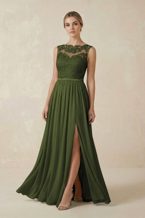 Lace A - Line Bateau Neck Chiffon Long Bridesmaid Dress in Olive - SHE IS ME Bridesmaid Dresses