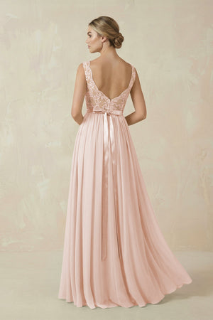 Lace A - Line Bateau Neck Chiffon Long Bridesmaid Dress in Pale Blush - SHE IS ME Bridesmaid Dresses