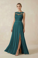 Lace A - Line Bateau Neck Chiffon Long Bridesmaid Dress in Pine - SHE IS ME Bridesmaid Dresses