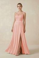 Lace A - Line Bateau Neck Chiffon Long Bridesmaid Dress in Rose Petal - SHE IS ME Bridesmaid Dresses