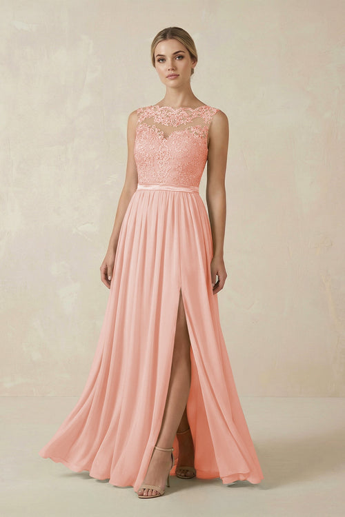 Lace A - Line Bateau Neck Chiffon Long Bridesmaid Dress in Rose Petal - SHE IS ME Bridesmaid Dresses