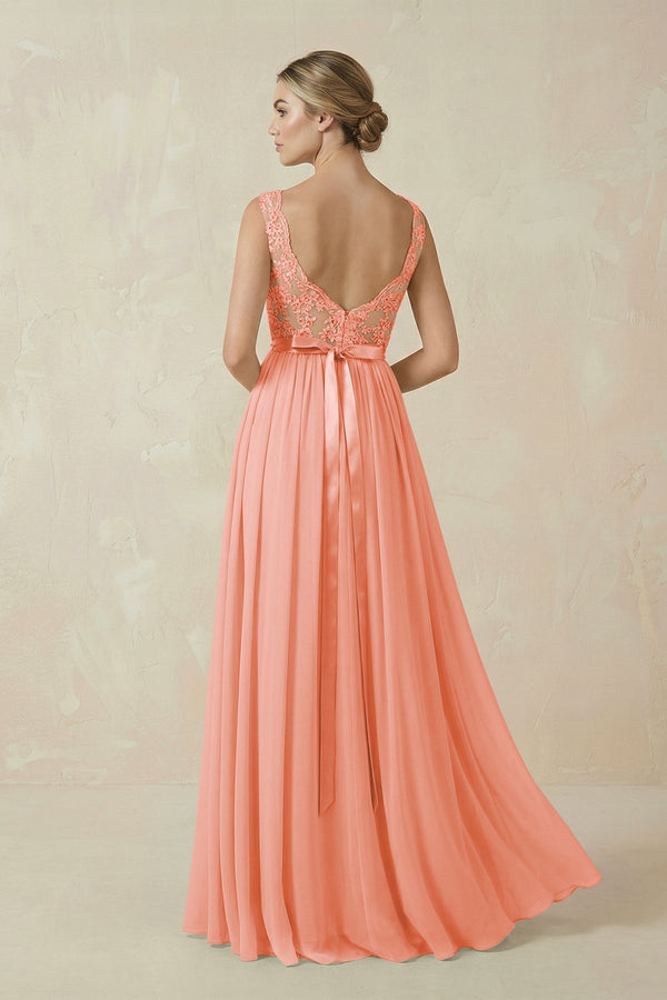 Lace A - Line Bateau Neck Chiffon Long Bridesmaid Dress in Rosette - SHE IS ME Bridesmaid Dresses