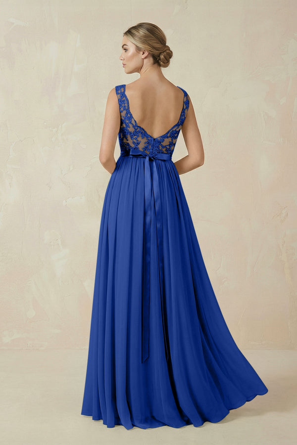 Lace A - Line Bateau Neck Chiffon Long Bridesmaid Dress in Royal Blue - SHE IS ME Bridesmaid Dresses