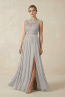 Lace A - Line Bateau Neck Chiffon Long Bridesmaid Dress in Silver - SHE IS ME Bridesmaid Dresses