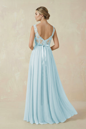 Lace A - Line Bateau Neck Chiffon Long Bridesmaid Dress in Sky Blue - SHE IS ME Bridesmaid Dresses