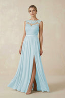 Lace A - Line Bateau Neck Chiffon Long Bridesmaid Dress in Sky Blue - SHE IS ME Bridesmaid Dresses