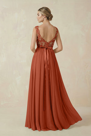 Lace A - Line Bateau Neck Chiffon Long Bridesmaid Dress in Spice - SHE IS ME Bridesmaid Dresses