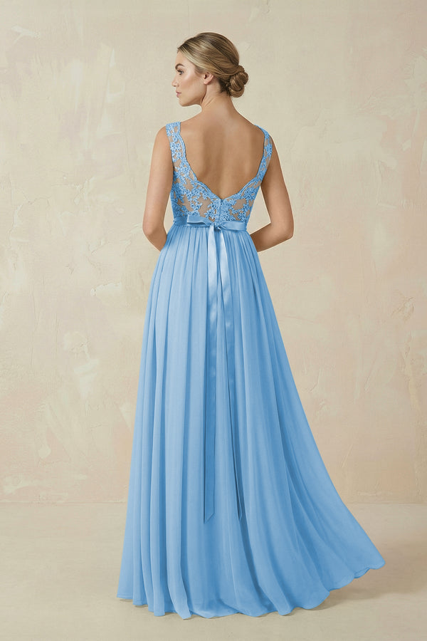 Lace A - Line Bateau Neck Chiffon Long Bridesmaid Dress in Steel Blue - SHE IS ME Bridesmaid Dresses