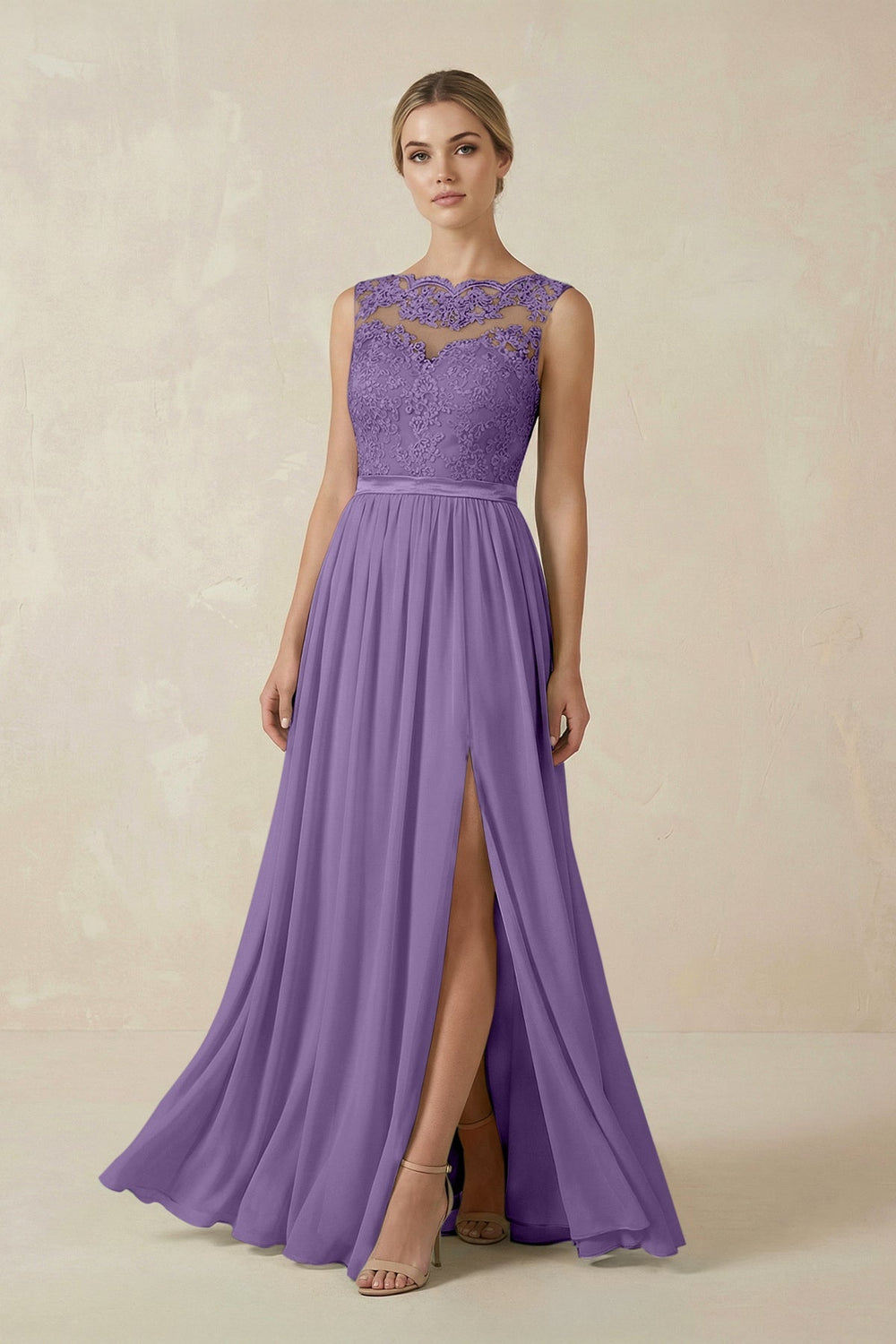 Lace A - Line Bateau Neck Chiffon Long Bridesmaid Dress in Tahiti - SHE IS ME Bridesmaid Dresses