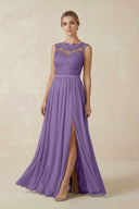 Lace A - Line Bateau Neck Chiffon Long Bridesmaid Dress in Tahiti - SHE IS ME Bridesmaid Dresses