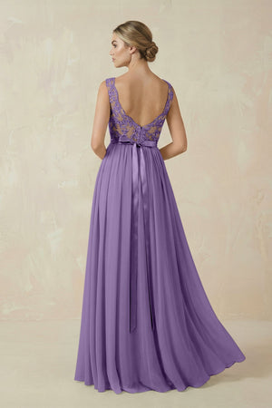 Lace A - Line Bateau Neck Chiffon Long Bridesmaid Dress in Tahiti - SHE IS ME Bridesmaid Dresses